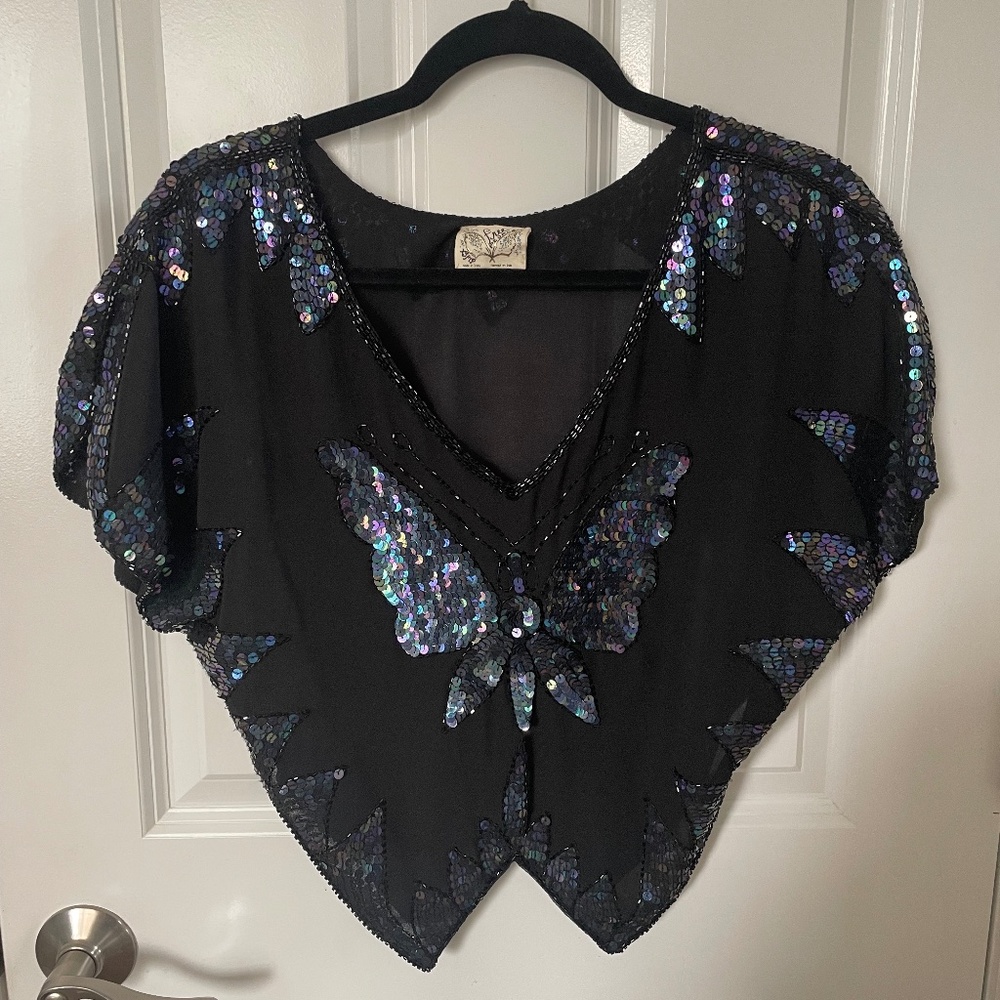 Free People Butterfly Sequin Beaded Crop Top in Black Size S